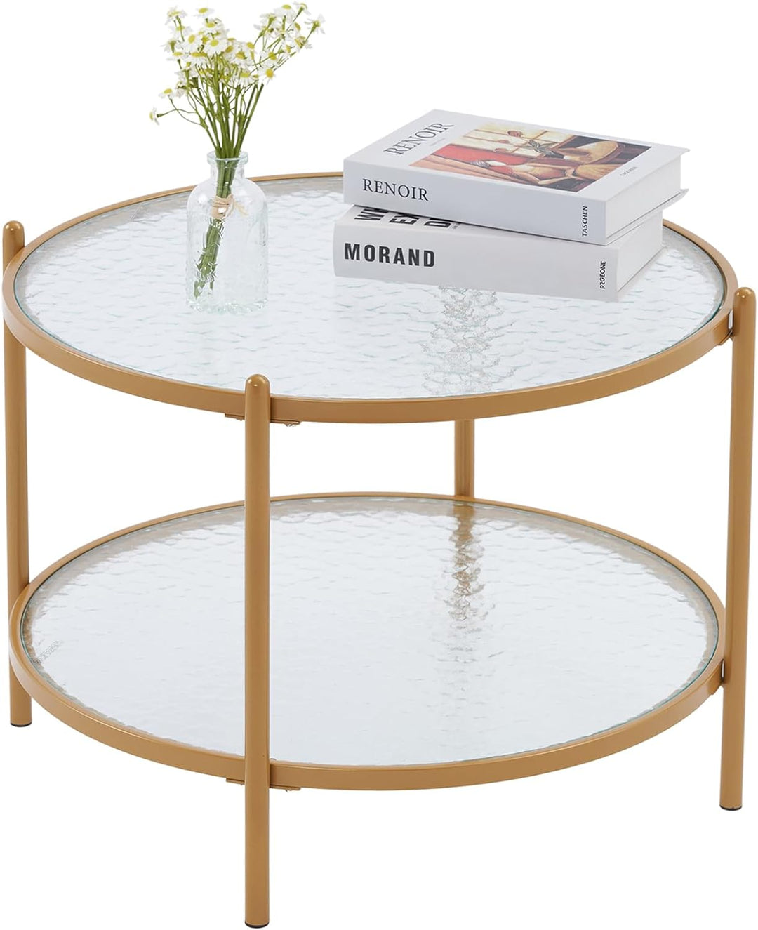 Matte Gold Round Coffee Table, 2-Tier Storage Design, Living Room