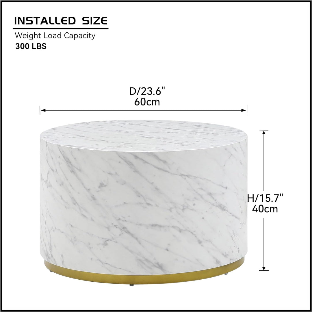 Modern Round Gold Drum Coffee Table, Circle Sofa Table, Marble White