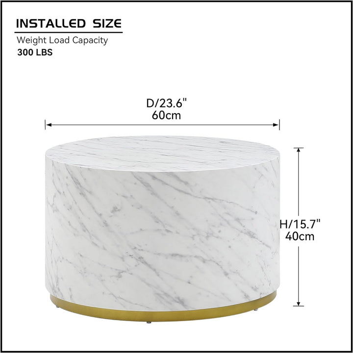 Modern Round Gold Drum Coffee Table, Circle Sofa Table, Marble White