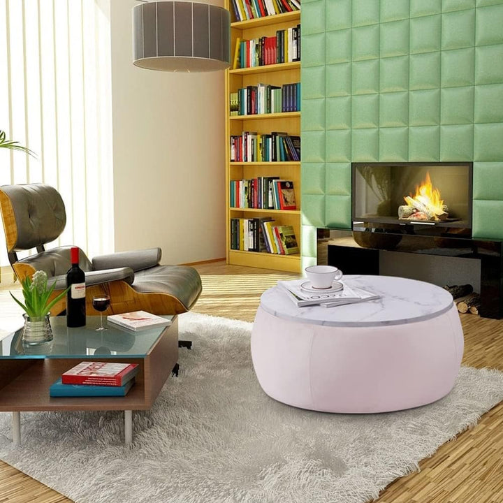 Modern Round Coffee Table with Storage, Circle Ottoman, Pink