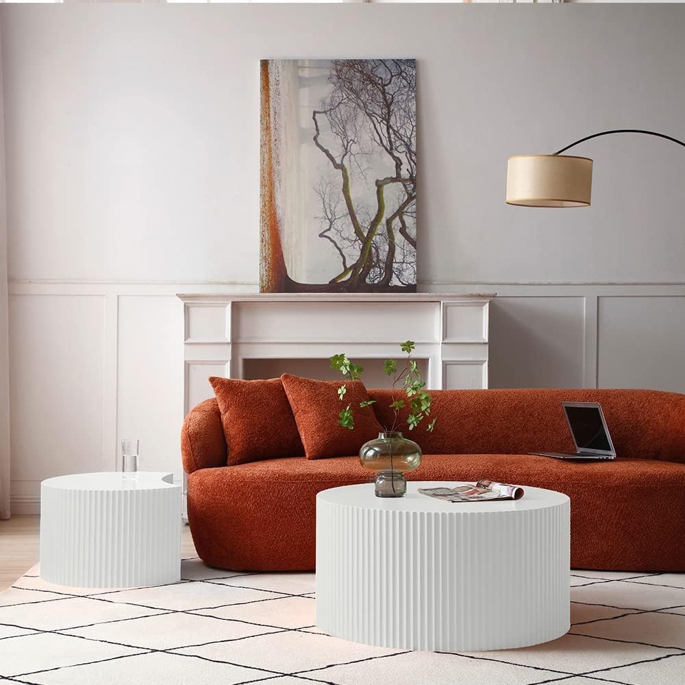 Modern Fluted Coffee Table Set, Round White Side Tables