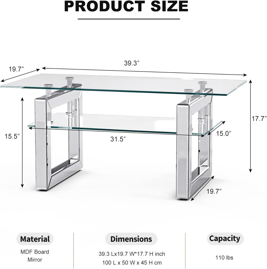 IKIFLY Glass Coffee Table, Mirrored Clear Rectangle Glass End Table