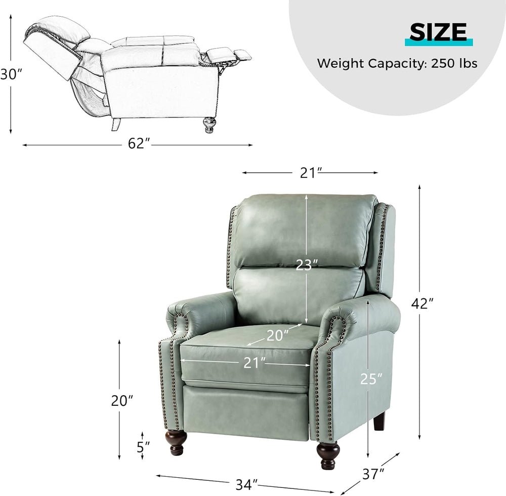 Genuine Leather Recliner Chair, Classic and Traditional Push Back Recliner Chair for Living Room, Adjustable Leather Cigar Chair Recliner Vintage Sofa with Nail Head Trim,SAGE