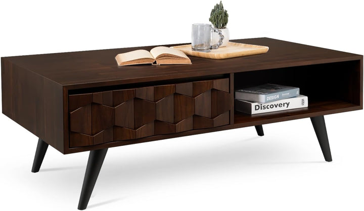 Solid Wood Coffee Table with Symmetrical Storage Drawers, Walnut