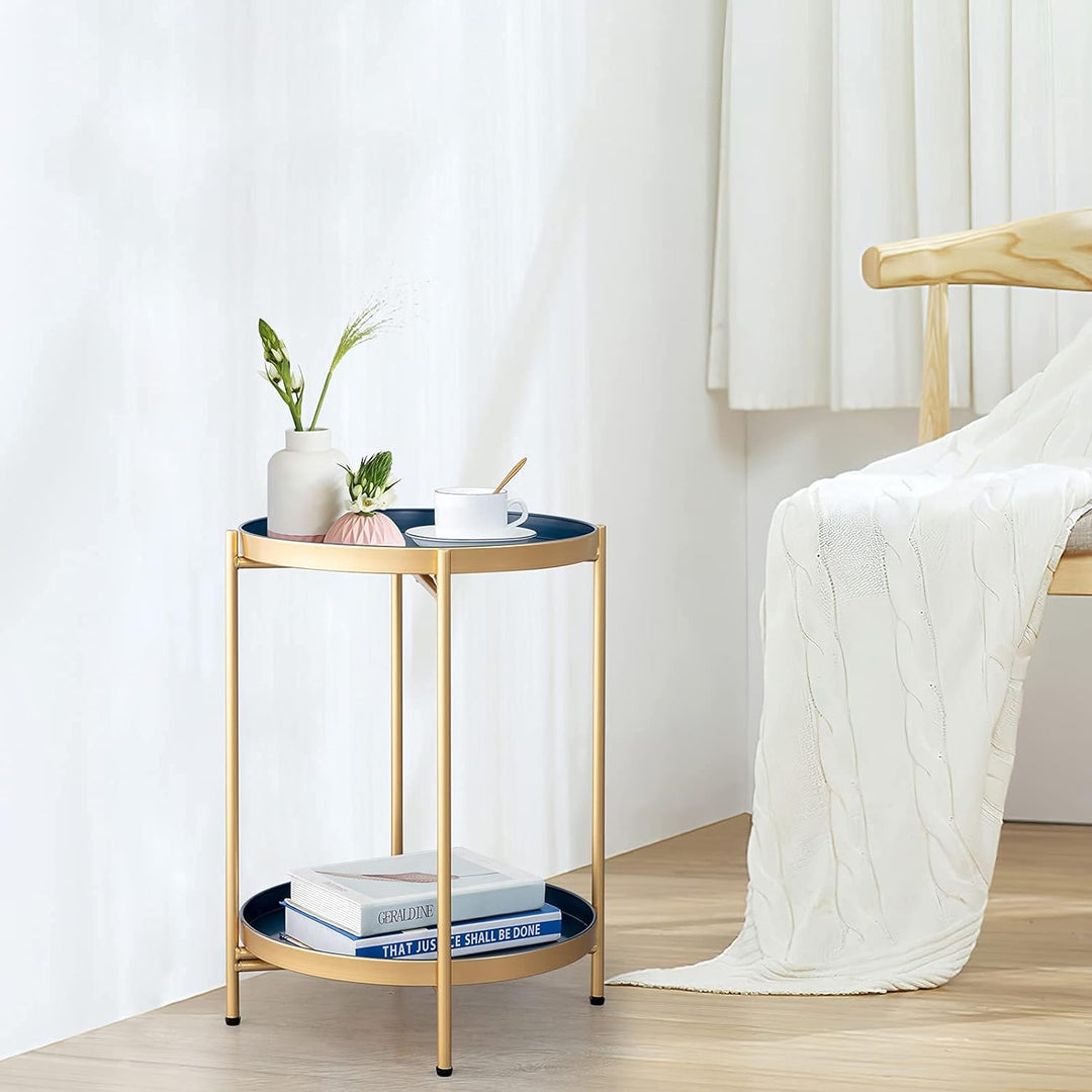 Folding End Table 2-Tier Metal Round Side (GoldBlue)