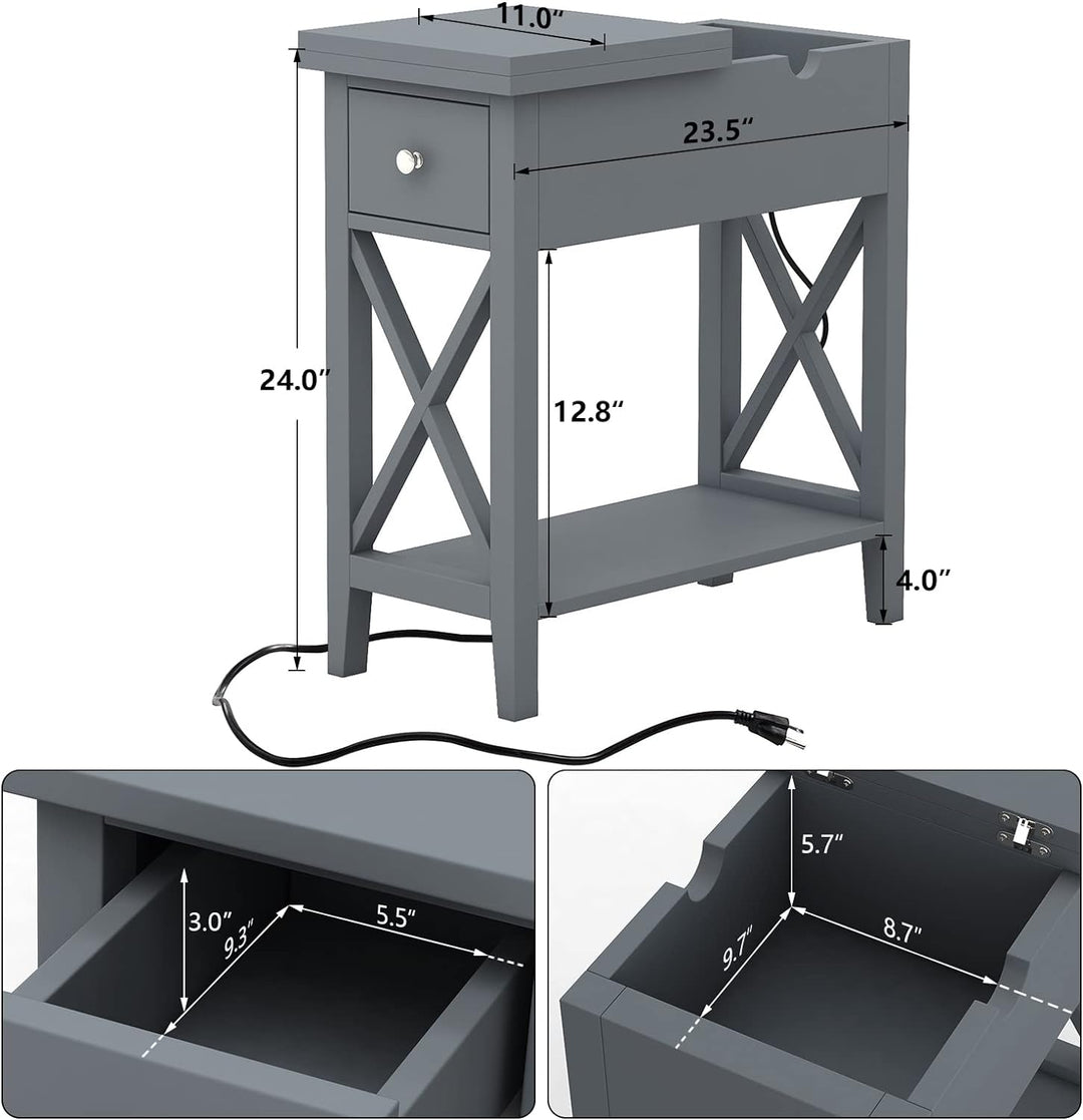 End Table with Charging Station, Narrow Grey