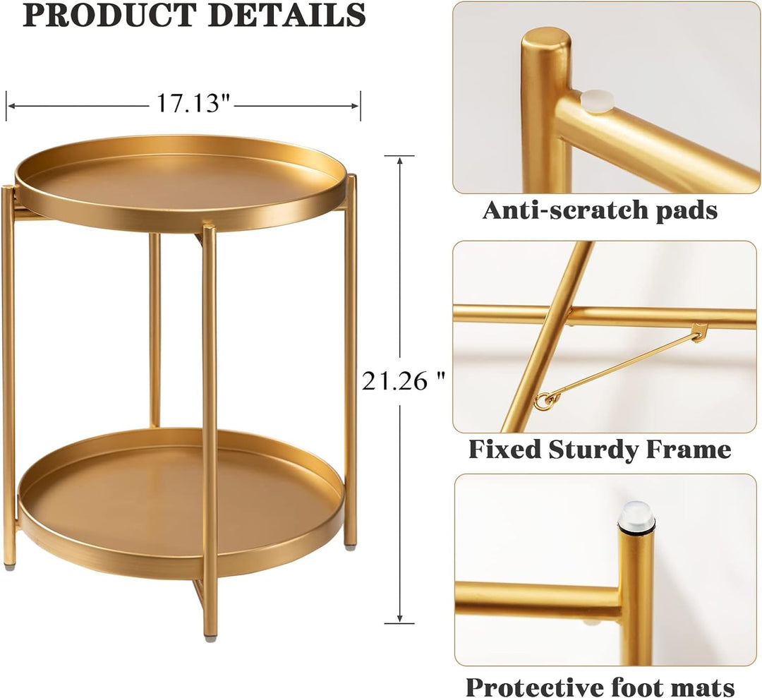 2 Tier Gold Side Table, Folding Round Metal End Table