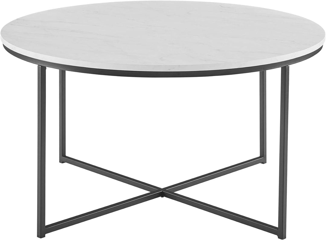 Modern Round Faux Marble Coffee Table with X Base, Marble