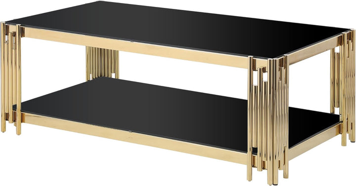 Elegant Gold Glass Coffee Table with Black Tempered Glass Top, Black3