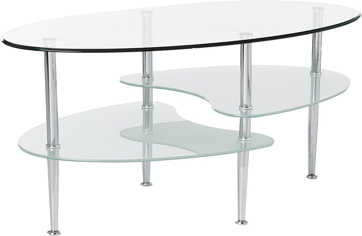 Modern Oval Glass Coffee Table with Storage Shelf