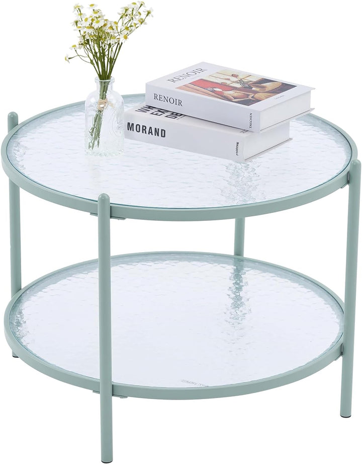 Stylish 2-Tier Round Coffee Table, Water-Wave Glass, Green