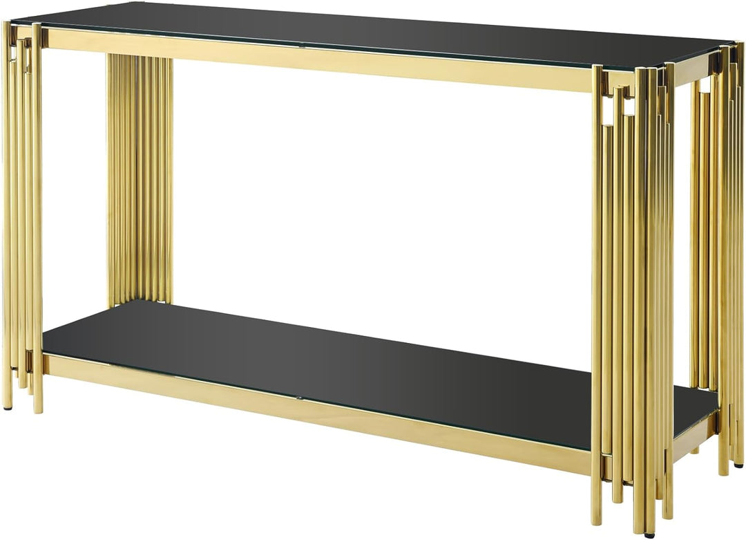 Modern Glass Gold Console Table, Gold Sofa Table, Black Tempered Glass (Black5)