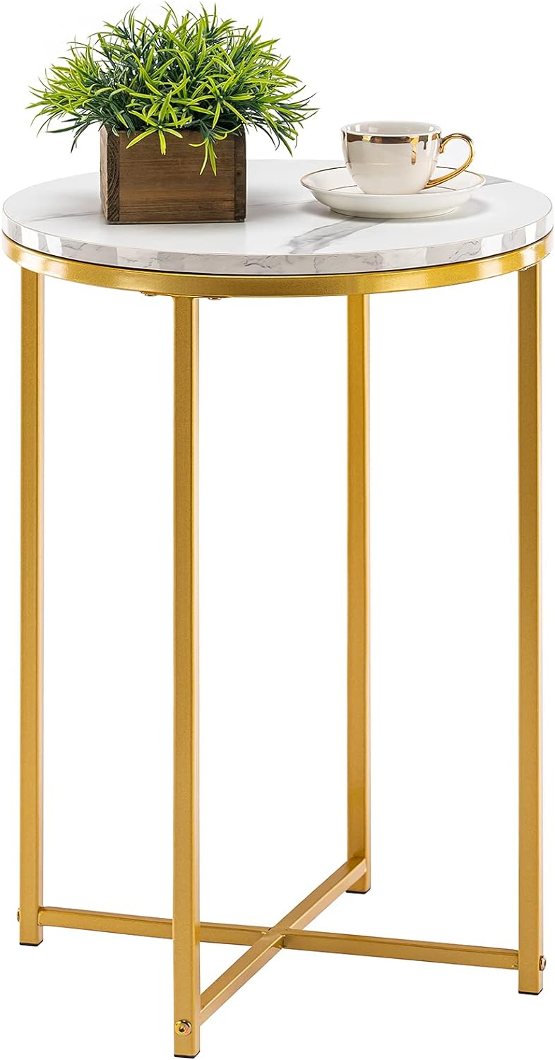 Round End Table, Faux Marble Sofa Table, Accent Side Table with Metal Frame