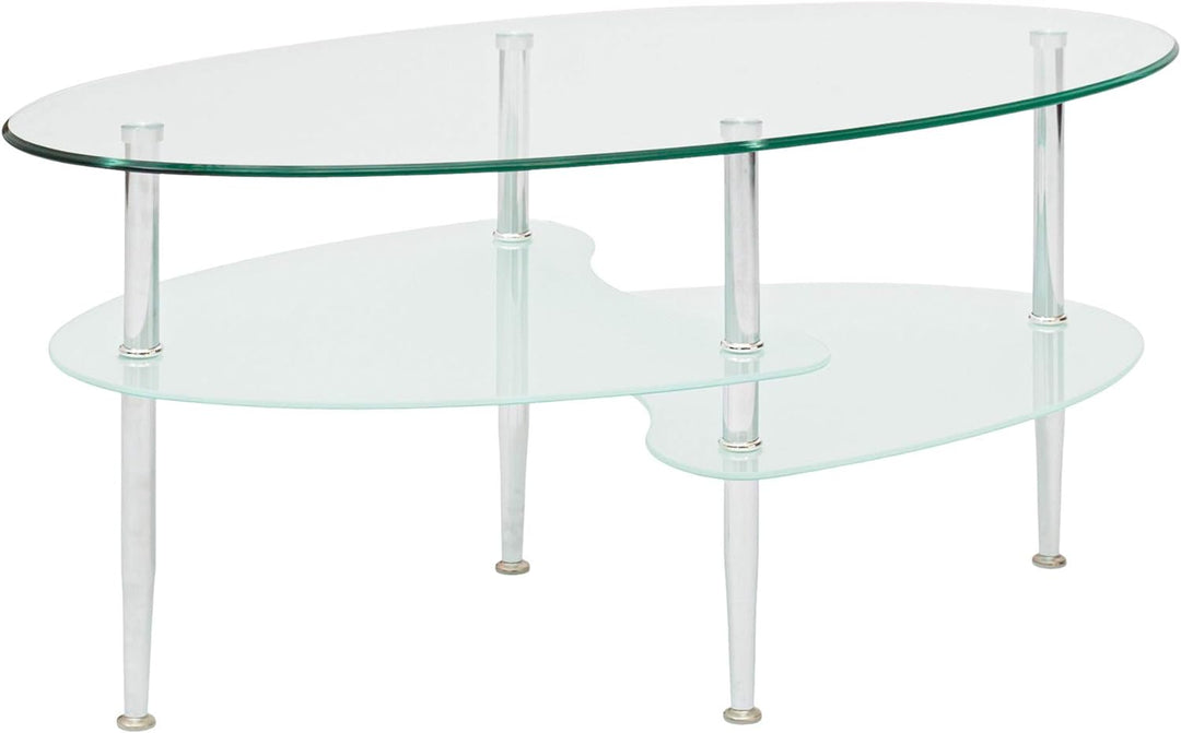 Modern Oval Glass Coffee Table with Storage Shelf