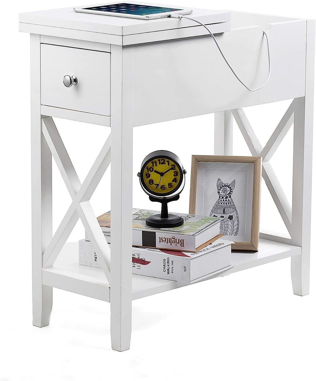 End Table with Drawer, Flip Top, White