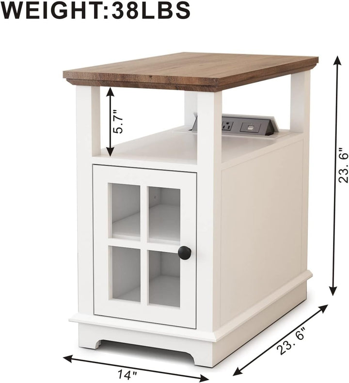 End Table White Storage Side Table Nightstand USB