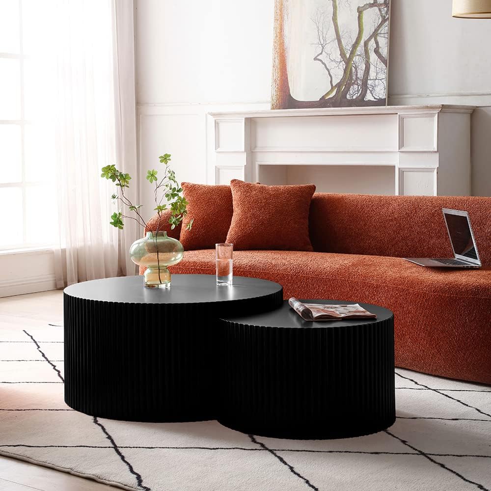 Black Round Coffee Table Set of 2, Modern Drum Coffee Tables (Matte-Black)