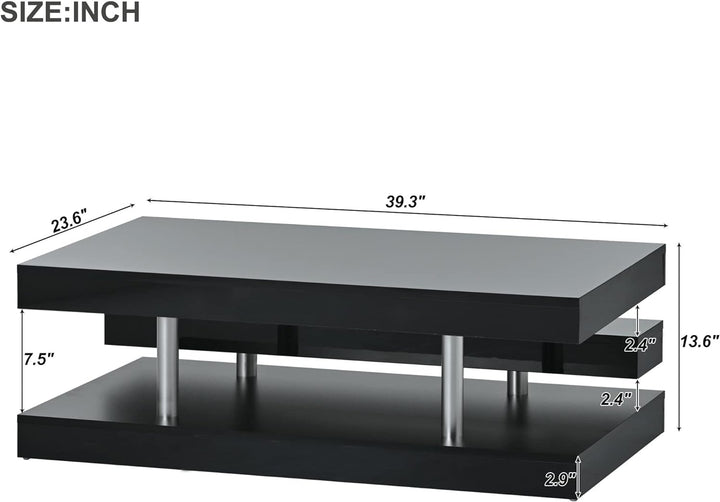 Modern 2-Tier Coffee Table, Silver Metal Legs, High-Gloss UV, Black