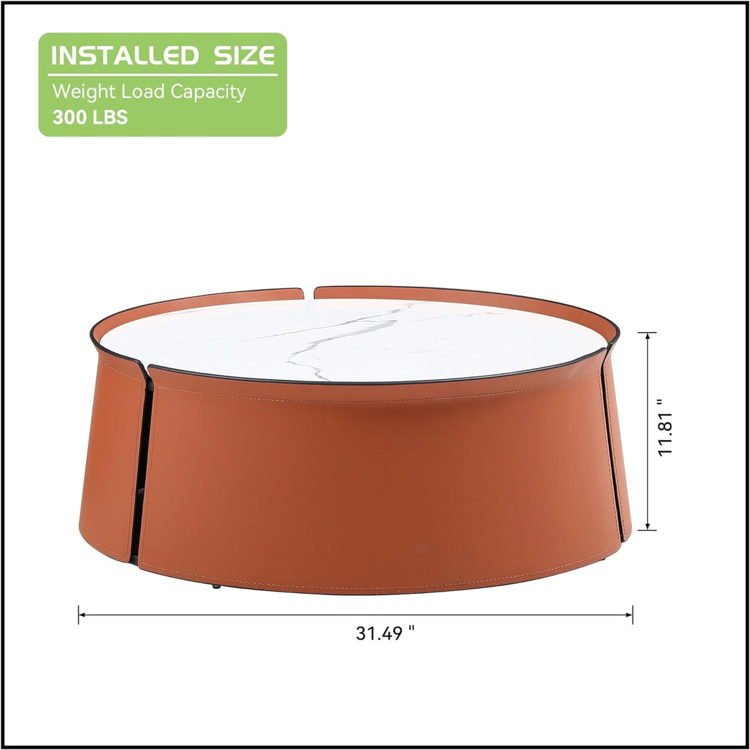 Coffee Table, Modern Round End Table, Saddle Leather, 31.5" Brown