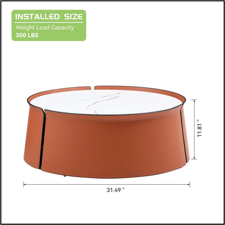 Coffee Table, Modern Round End Table, Saddle Leather, 31.5" Brown