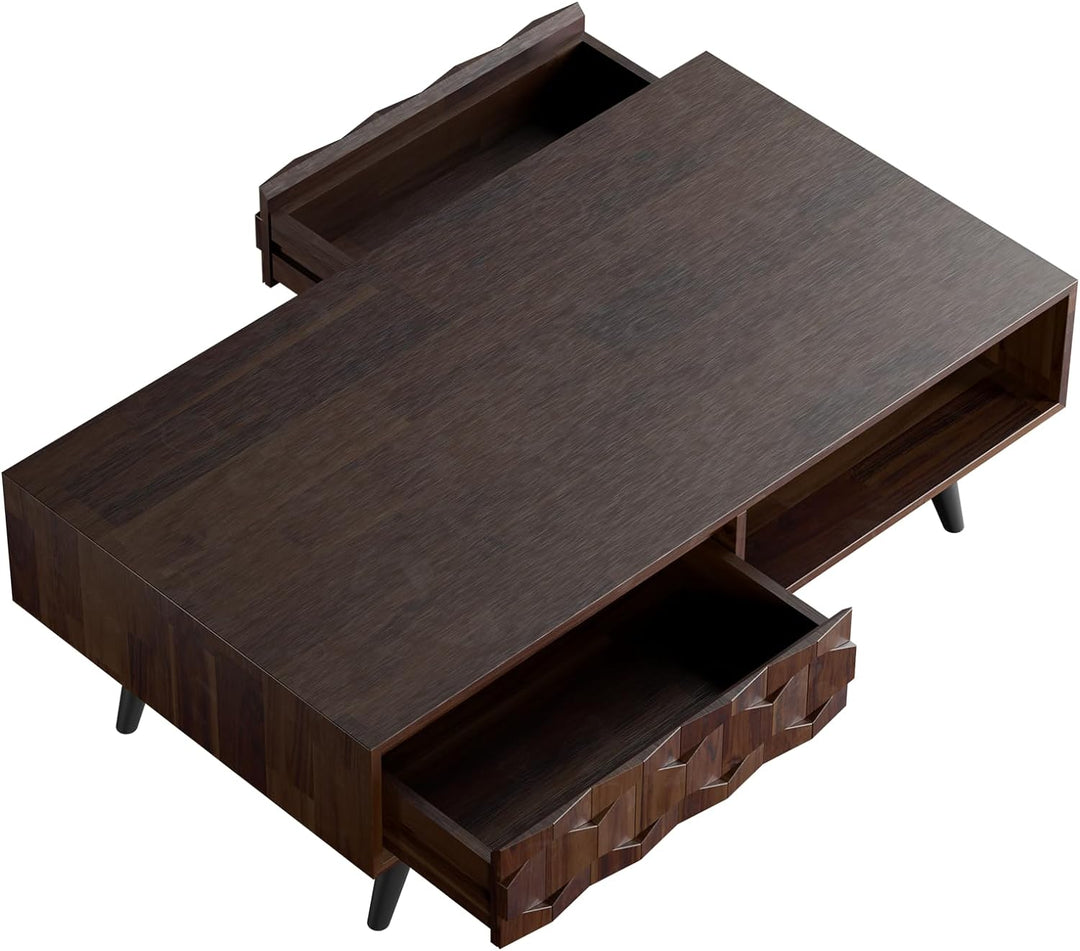 Solid Wood Coffee Table with Symmetrical Storage Drawers, Walnut