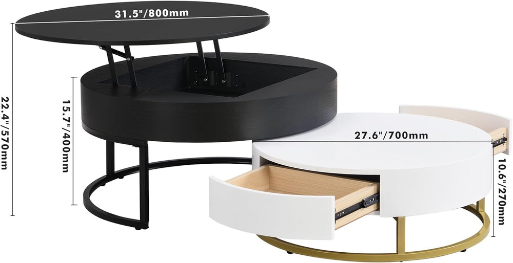 Modern Round Lift-top Nesting Coffee Tables, WhiteBlack