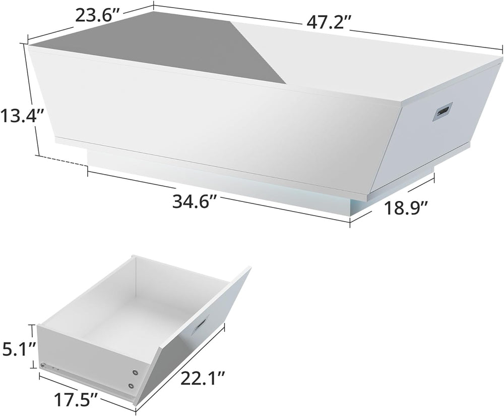 Cozy Castle Modern Coffee Table with LED Lights, High Gloss Storage, White