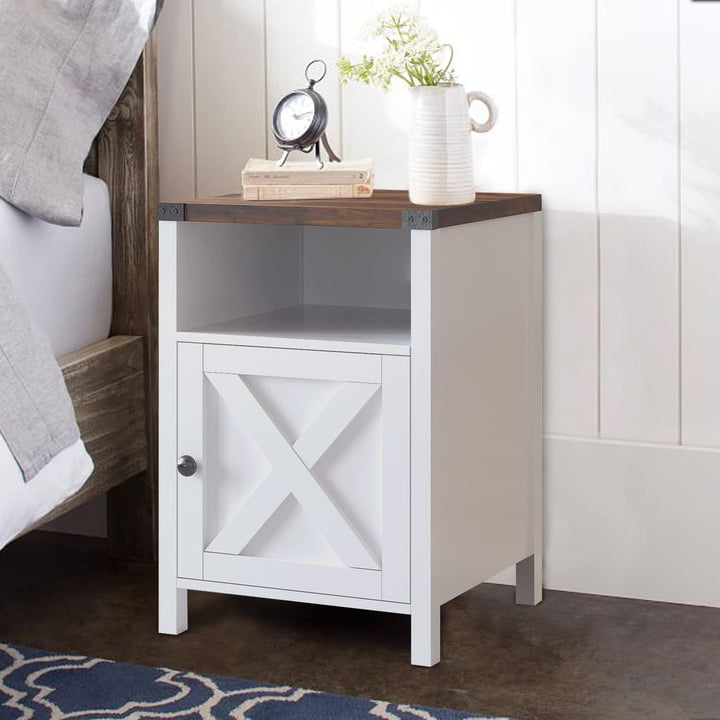 Farmhouse End Table, Rustic End Table with Barn Door and Shelf