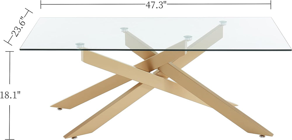 Modern Rectangular Coffee Table, Tempered Glass Top, Metal Legs, Gold