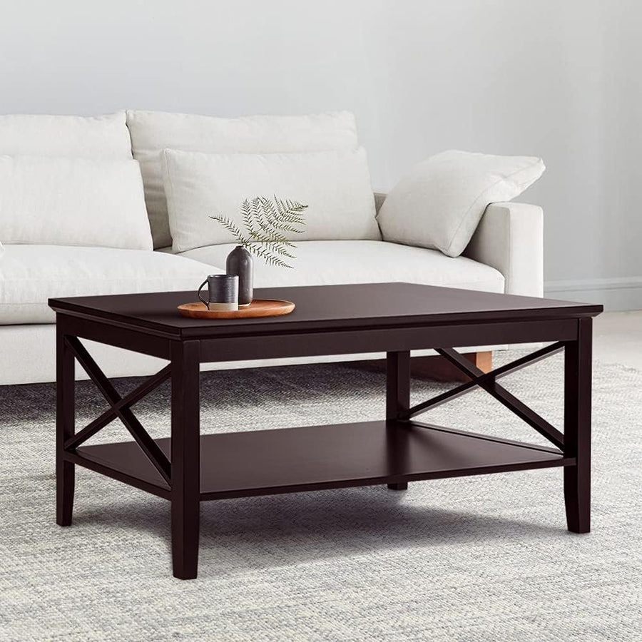 Espresso Wood Coffee Table with Storage, Thicker Legs