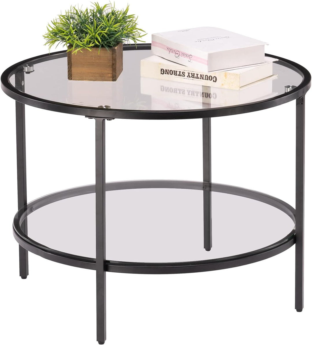 Stylish 2-Tier Glass Top Coffee Table with Storage, Black