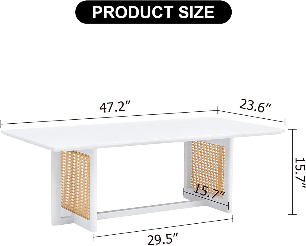 Modern Imitation Rattan Coffee Table, Rectangular Solid Wood, A-white