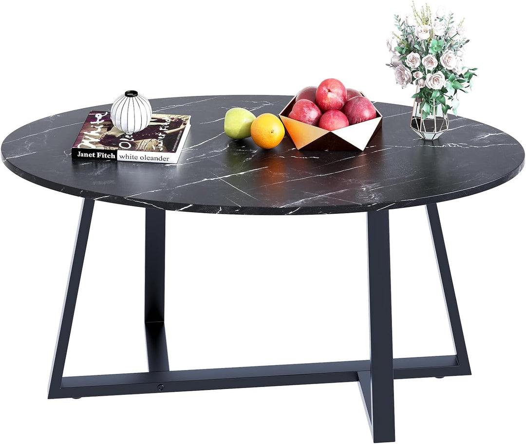 Faux Black Marble Oval Coffee Table, Wooden Gold Elliptic Modern Side End Table