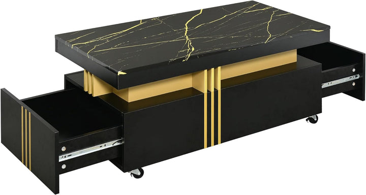 Faux Marble Coffee Table with Drawers, Contemporary Cocktail Table, Black