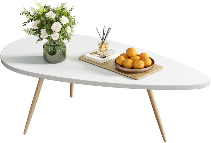 Modern Oval Coffee Table for Small Spaces, White Wood Frame