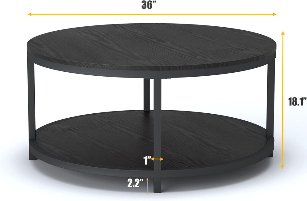 Rustic Round Coffee Table, Wooden Surface, Metal Legs, Black