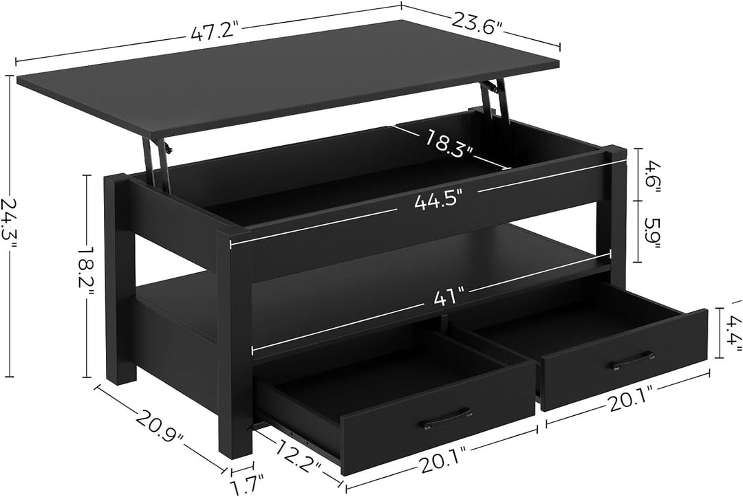 Rolanstar Lift Top Coffee Table, Drawers, Hidden Compartment, Retro, Black