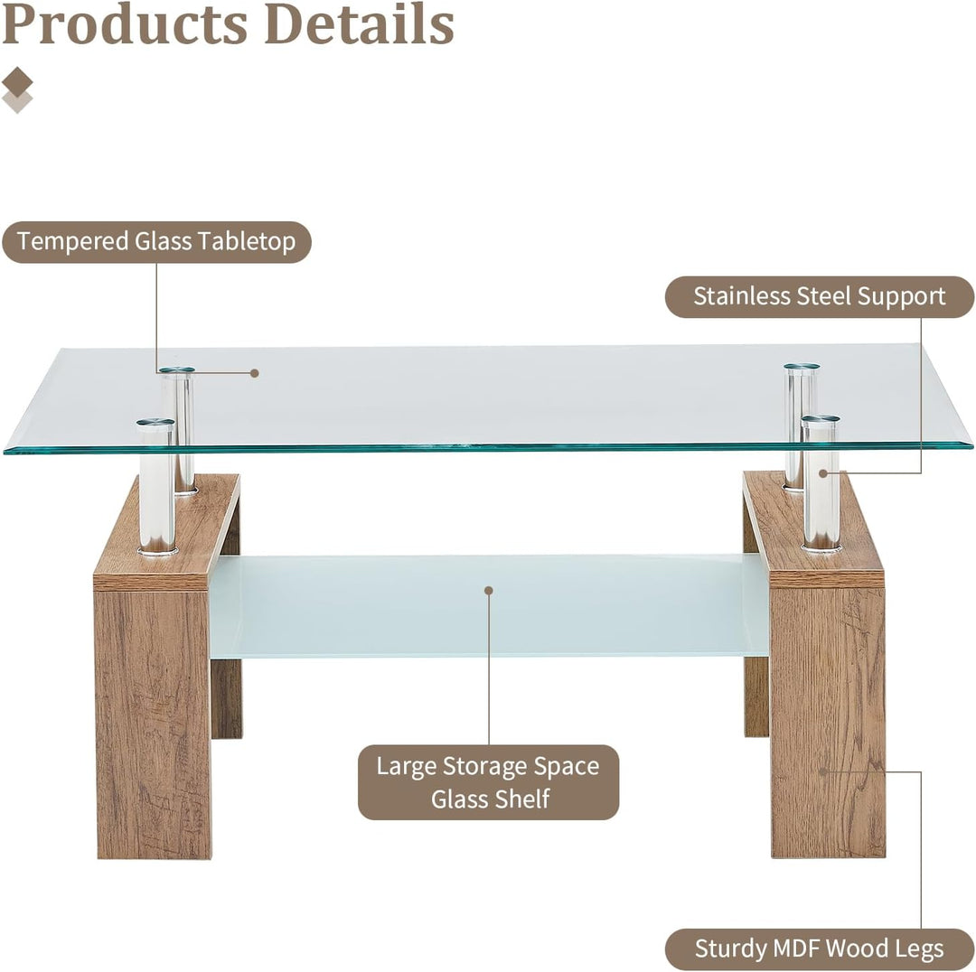 Modern Rectangle Coffee Table, Tempered Glass, Open Shelf, Natural