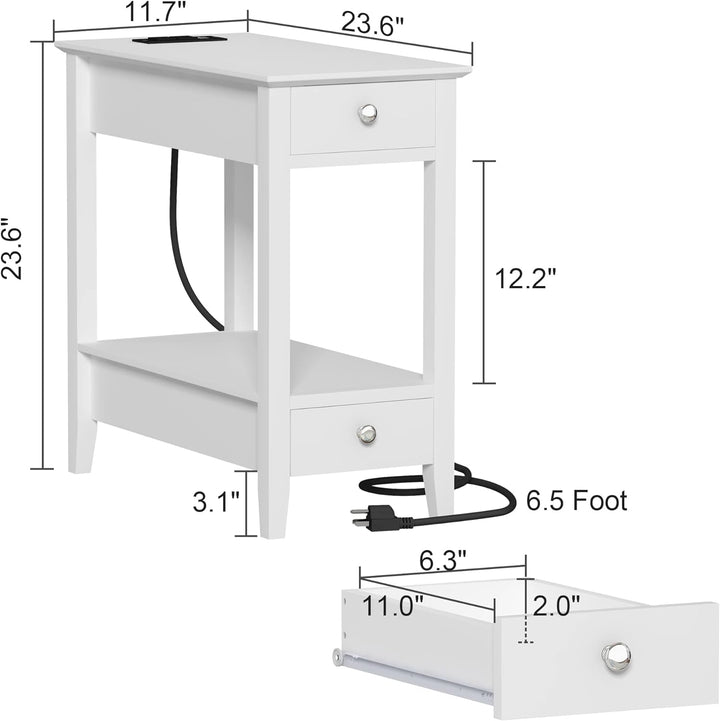 Side Table with Charging Station, 2-Drawer Nightstand