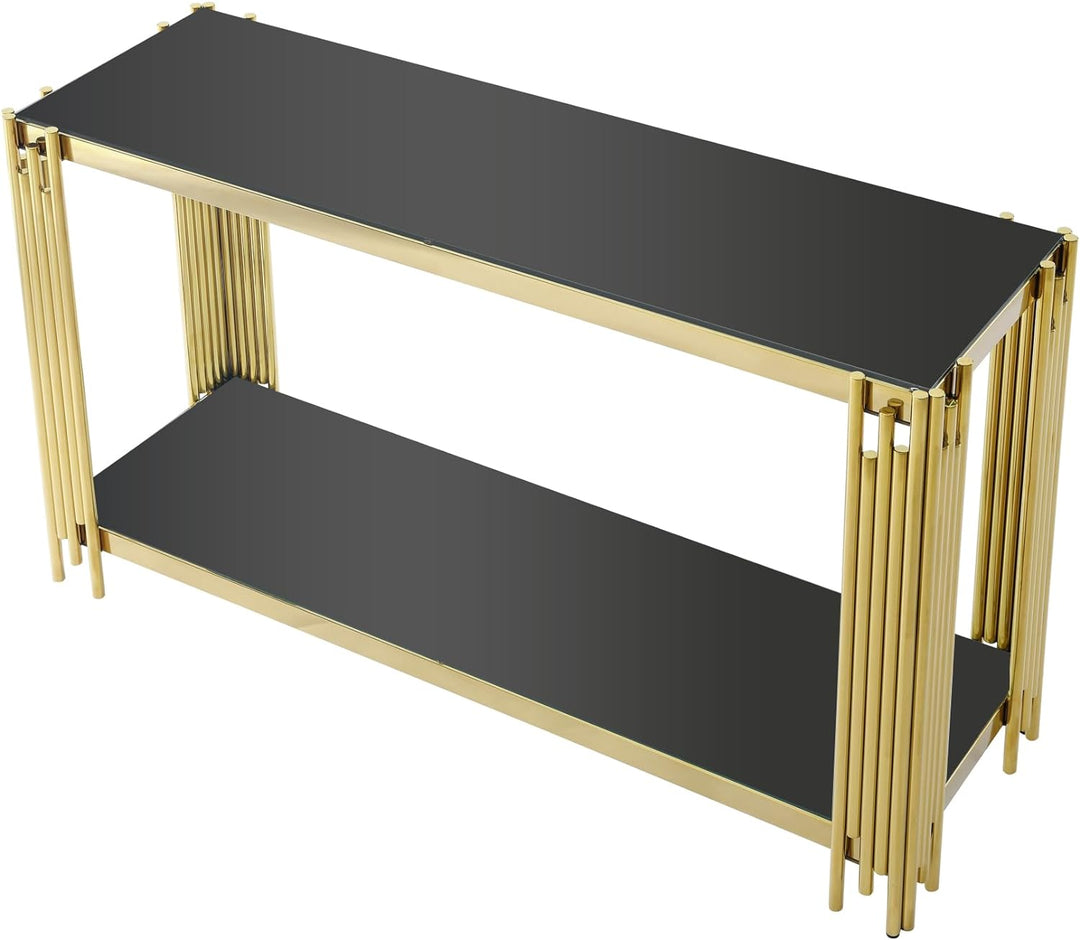 Modern Glass Gold Console Table, Gold Sofa Table, Black Tempered Glass (Black5)