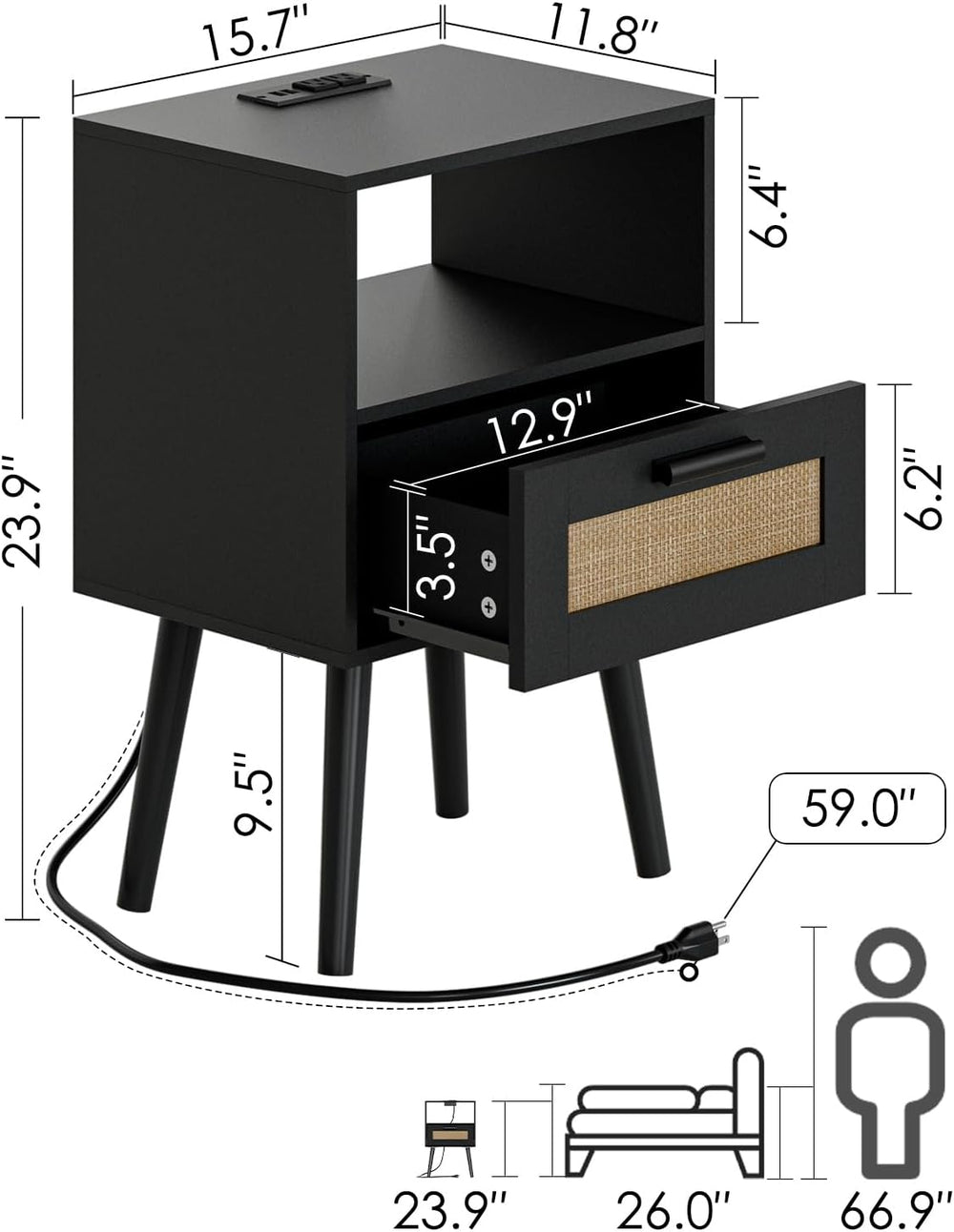 Rattan Nightstand w/ Charging Station, Storage Drawers