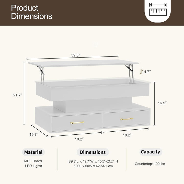 Lift Top Coffee Table with LED Lights, 2 Drawers, Hidden Compartment, White