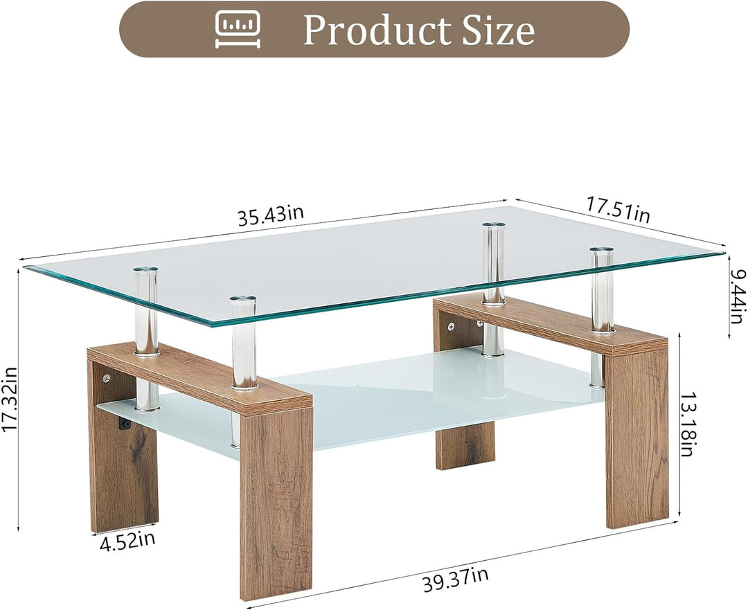 Modern Rectangle Coffee Table, Tempered Glass, Open Shelf, Natural