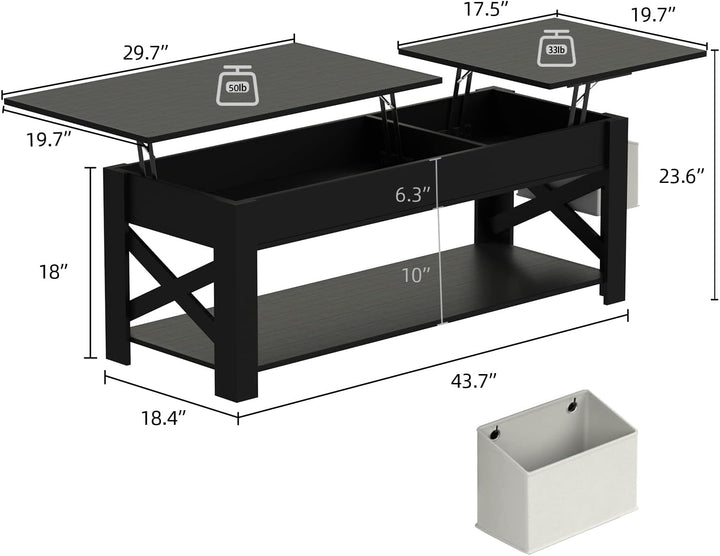 Versatile Lift-Top Coffee Table, Hidden Storage, Open Shelf, Black