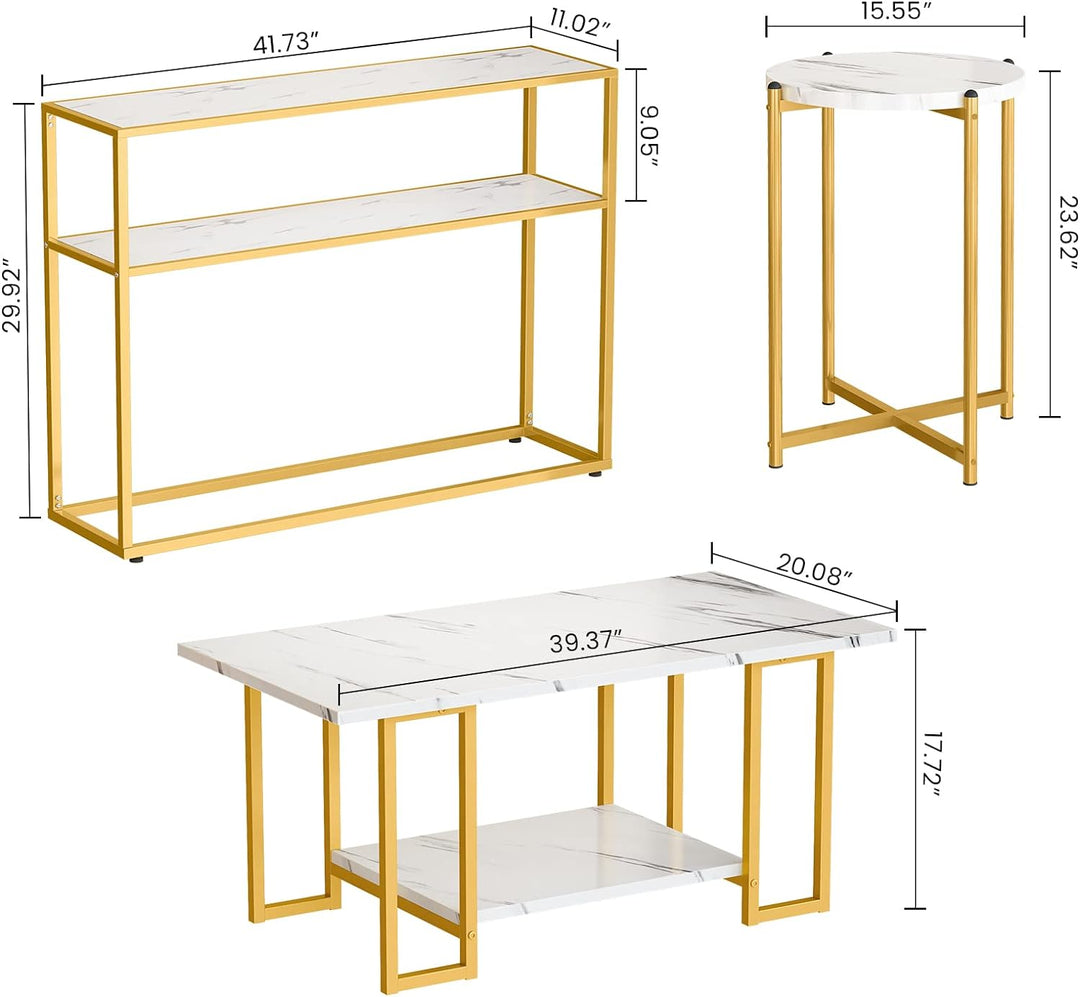 Faux Marble Coffee Table Set, Modern Design with Gold Frame