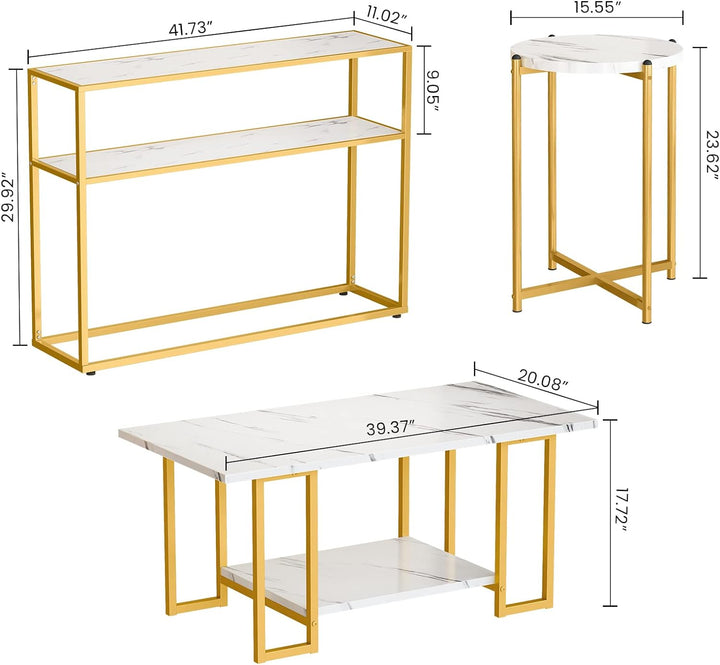 Faux Marble Coffee Table Set, Modern Design with Gold Frame