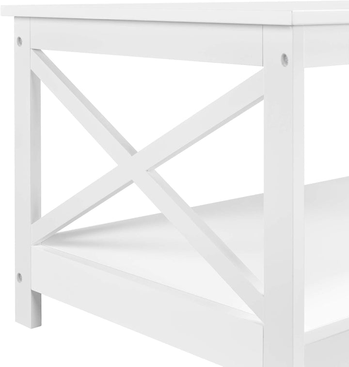 Stylish 2-Tier Wood Coffee Table with Storage Shelf, X-Shaped, White