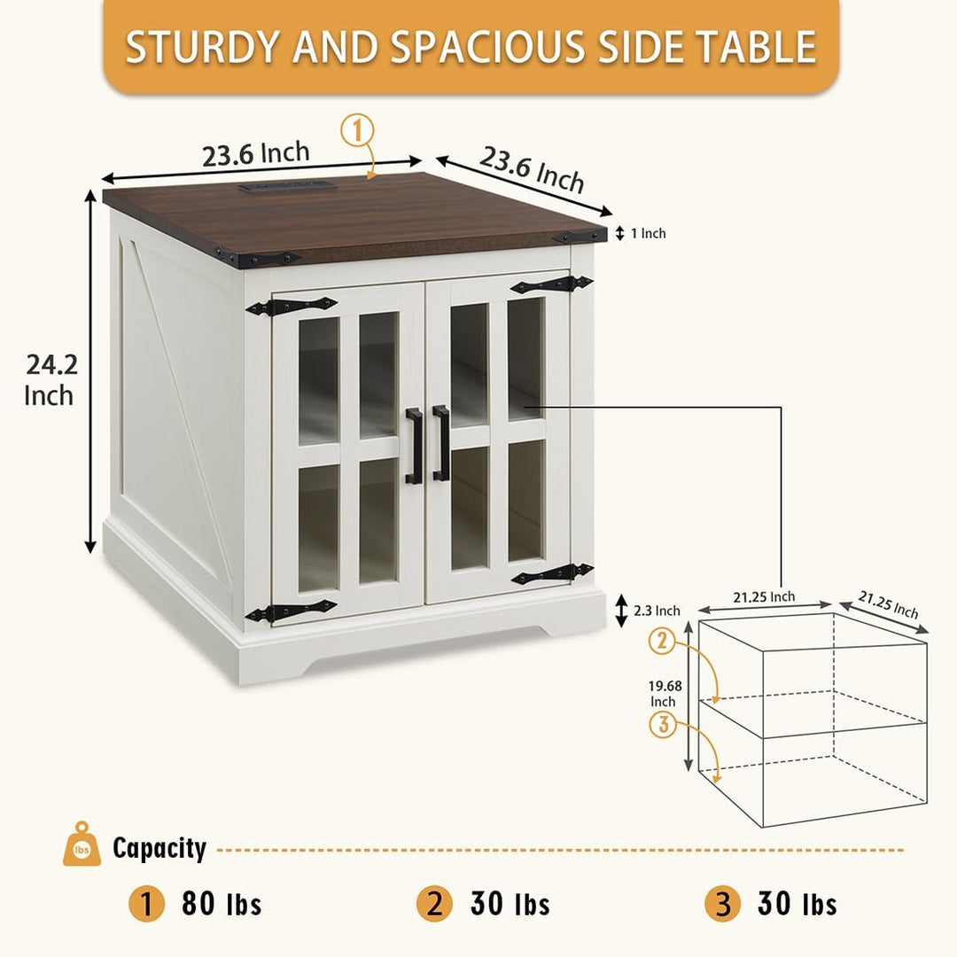 Farmhouse End Table w/ Charging Station,24" Sofa Side Table