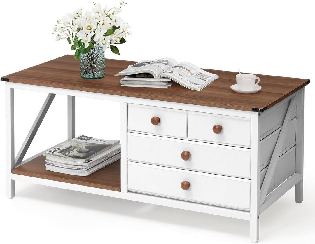 Farmhouse Coffee Table with Storage Drawers, White