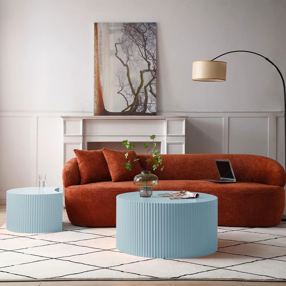 Modern Nesting Coffee Table Set, Wood Circle Drum Side Tables, Blue